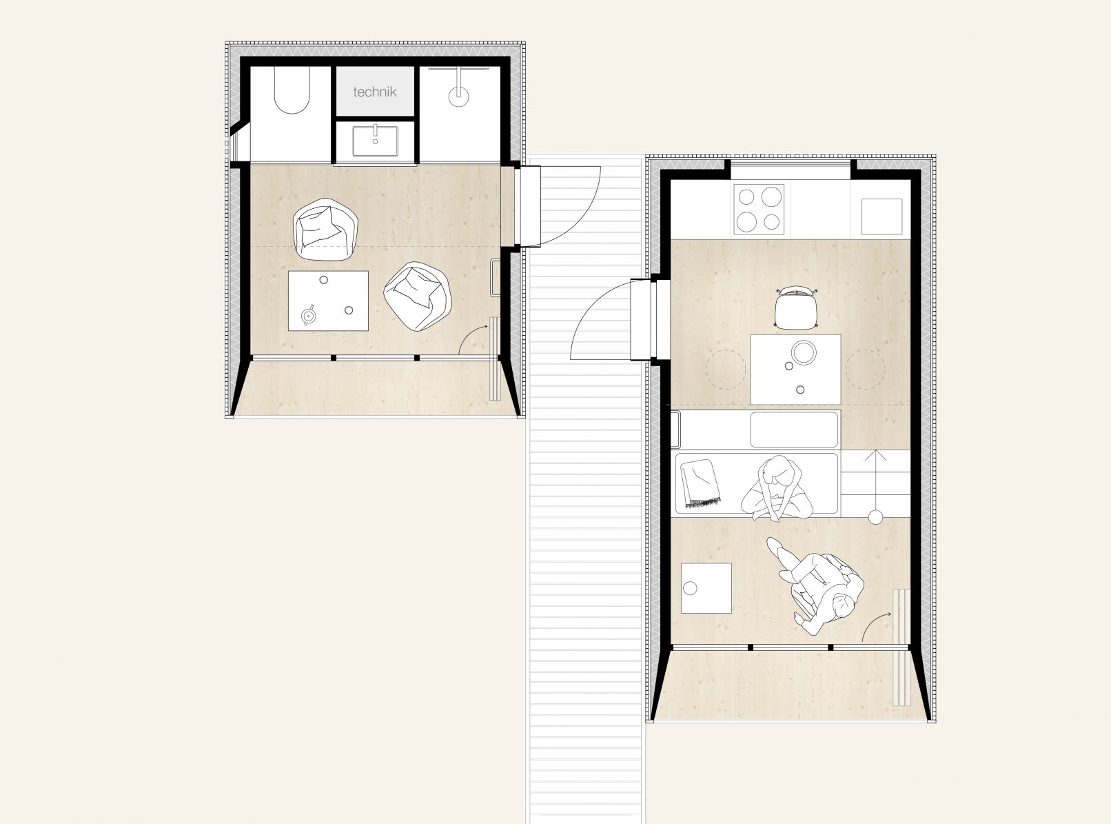 wettbewerb xs ferienhäuser grundriss eg variante zwei gebäude