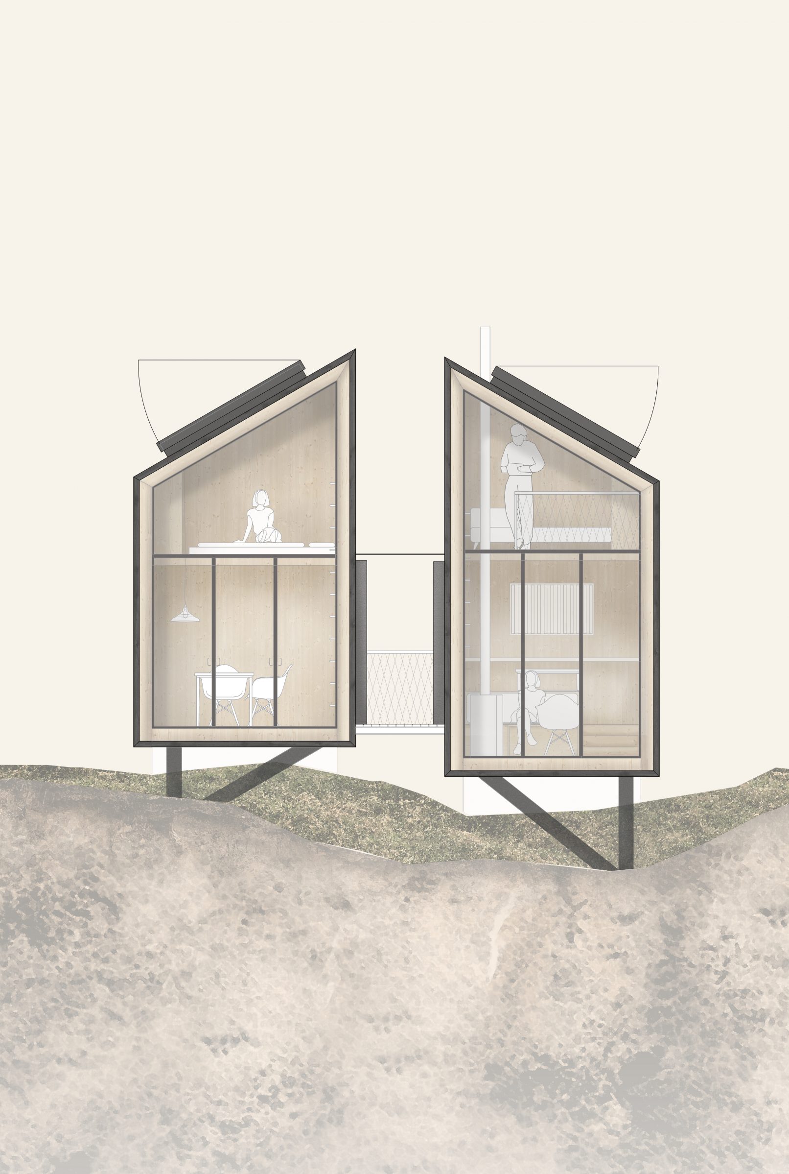 wettbewerb xs ferienhäuser ansicht zwei gebäude