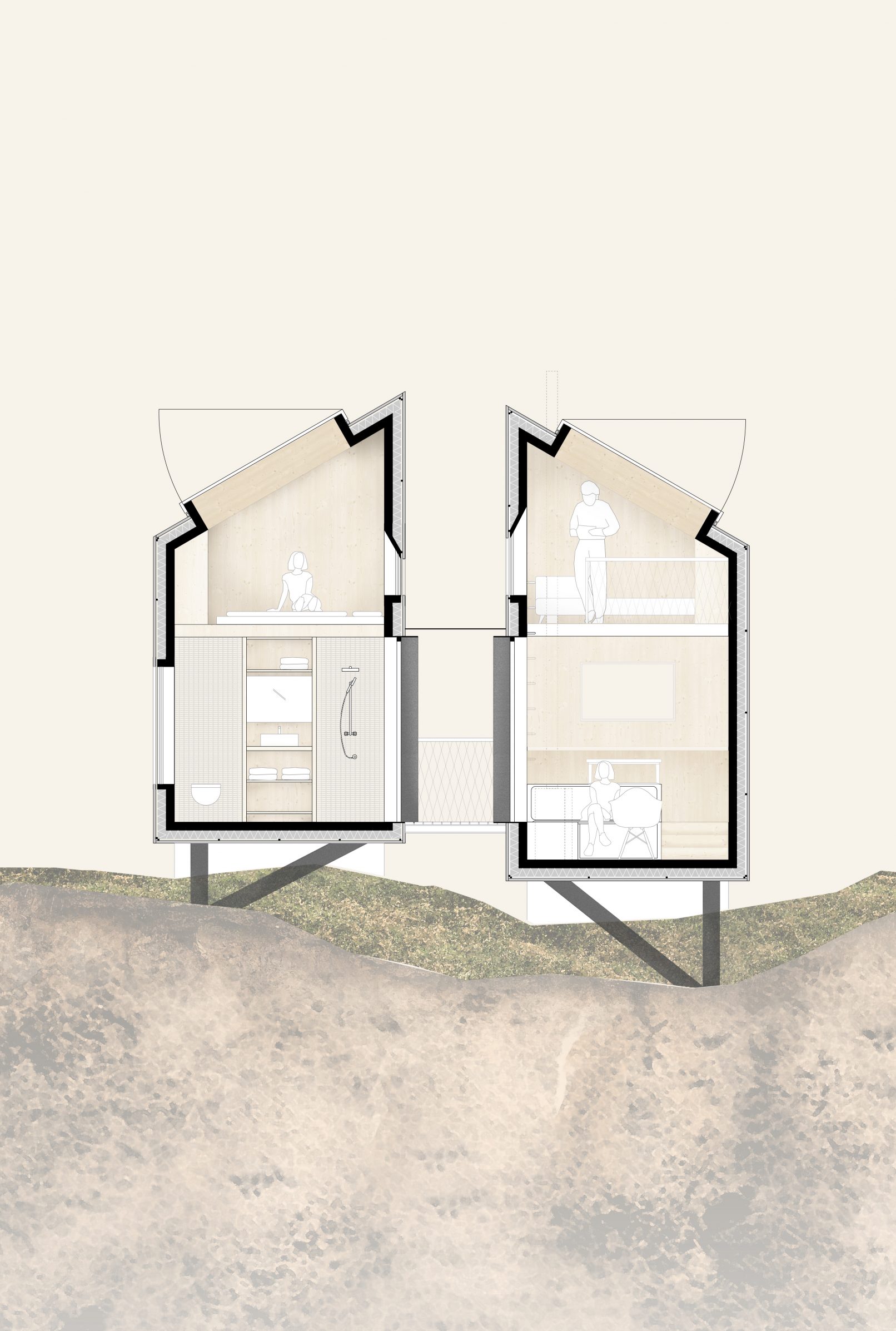 wettbewerb xs ferienhäuser schnitt variante zwei gebäude
