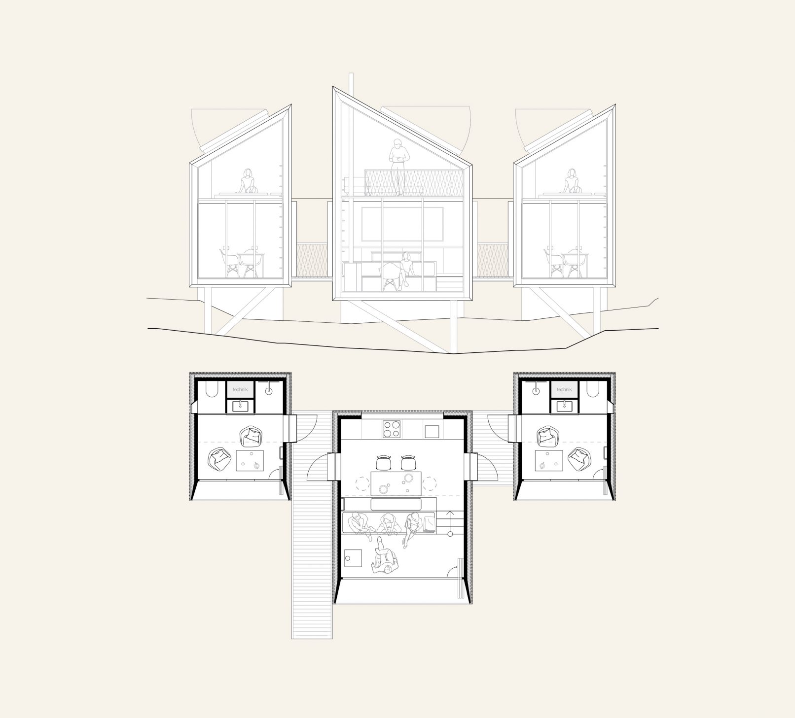 wettbewerb xs ferienhäuser variante drei gebäude